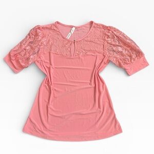 NY Collection Lace Puff Sleeve Petite Small Blouse Top Coral Pink Size PS